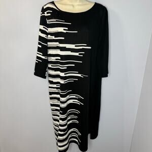 Ming Wang Knit Jersey 3/4 Sleeve Black White Midi Dress Stretch Women's L